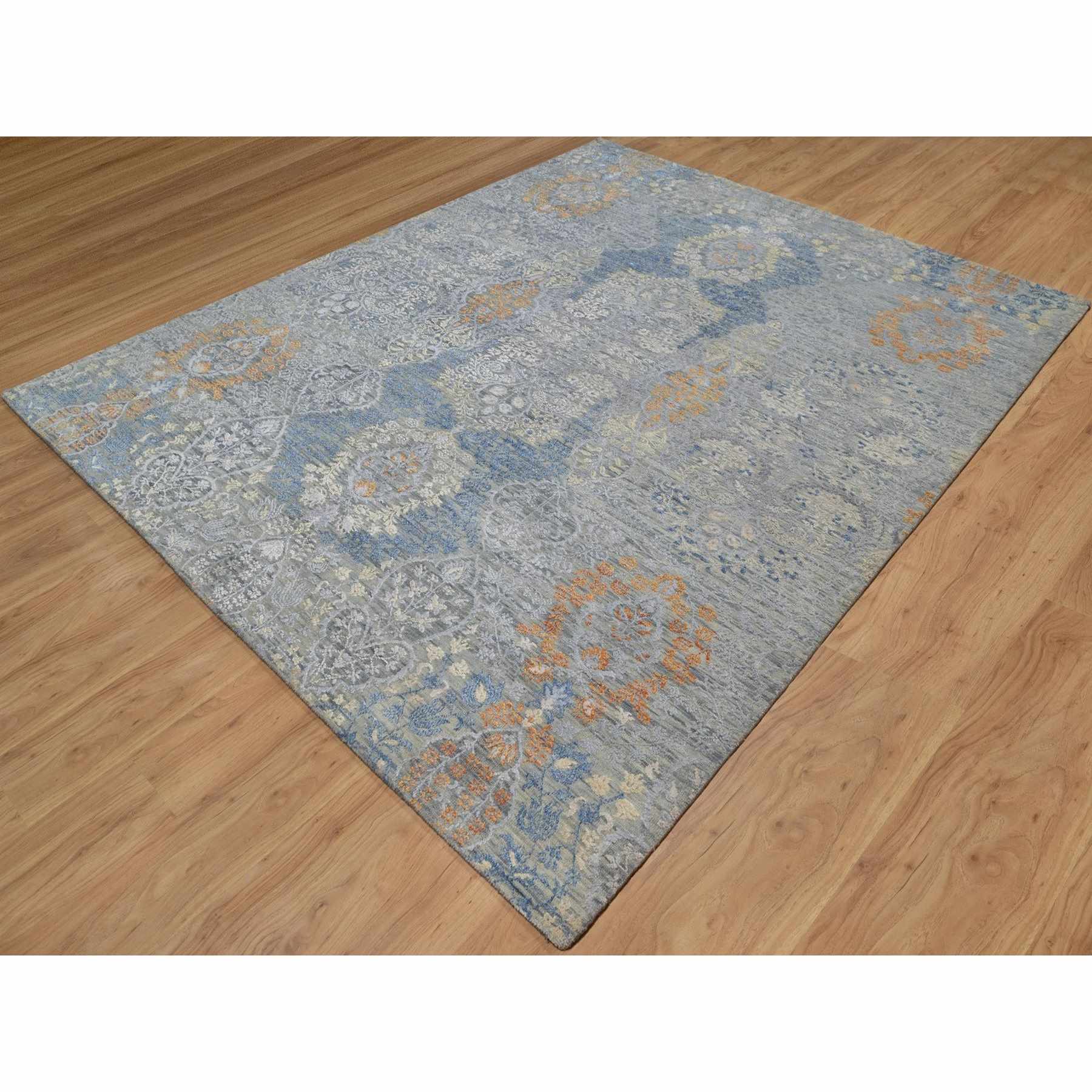 8'x10' Misty Gray, Jewelry Design, Wool with Textured Silk, Tone on Tone, Transitional, Hand Knotted, Oriental Rug Sh91443