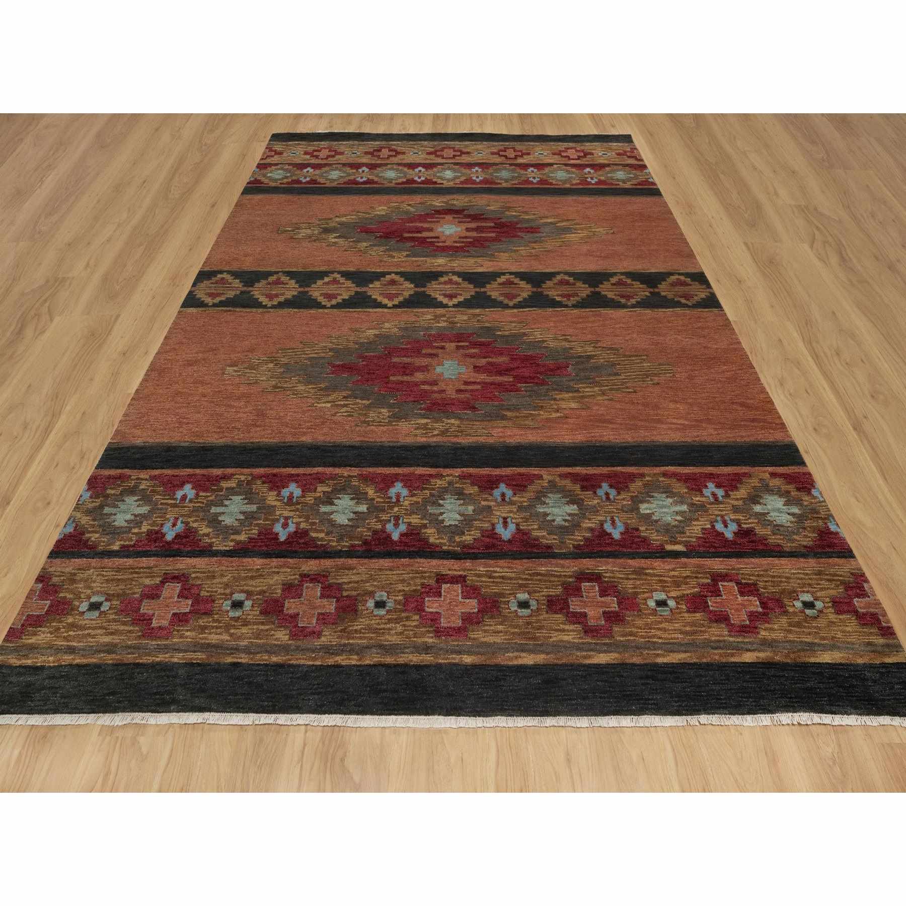 9'1"x12' Pecan Brown, Southwestern American Indian Design with Piled Construction, Plush and Lush, Hand Knotted, Pure Wool, Oriental Rug Sh91444