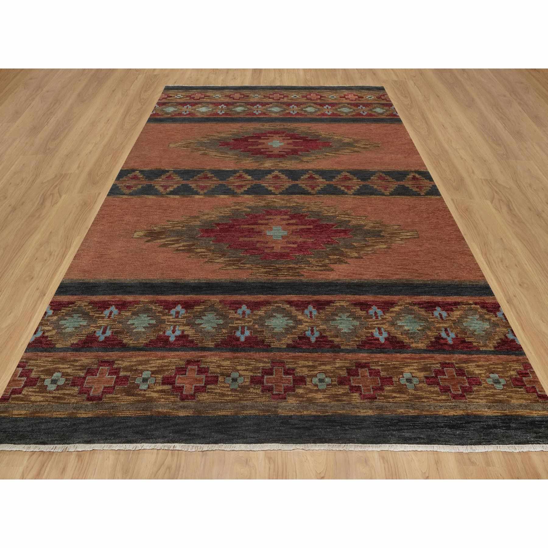 9'1"x12'1" Senna Brown, Southwestern American Indian Design with Piled Construction, Plush and Lush, Hand Knotted, Pure Wool, Oriental Rug Sh91445