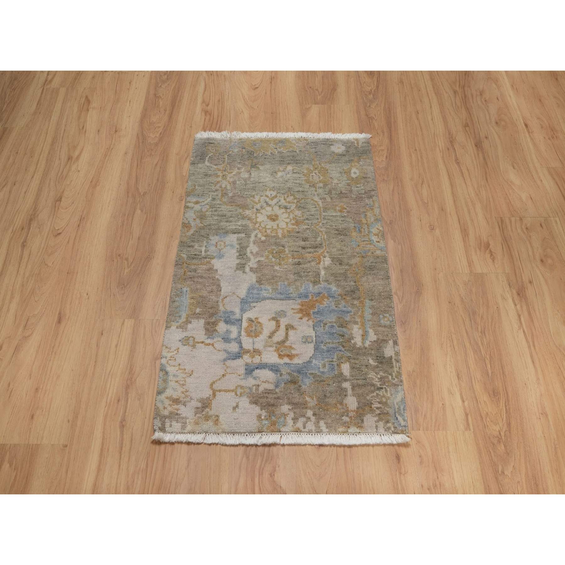 2'x3' Tan Brown, Broken Pattern with Oushak Design, Borderless, Pure Wool, Hand Knotted, Mat, Sample, Oriental Rug Sh91449
