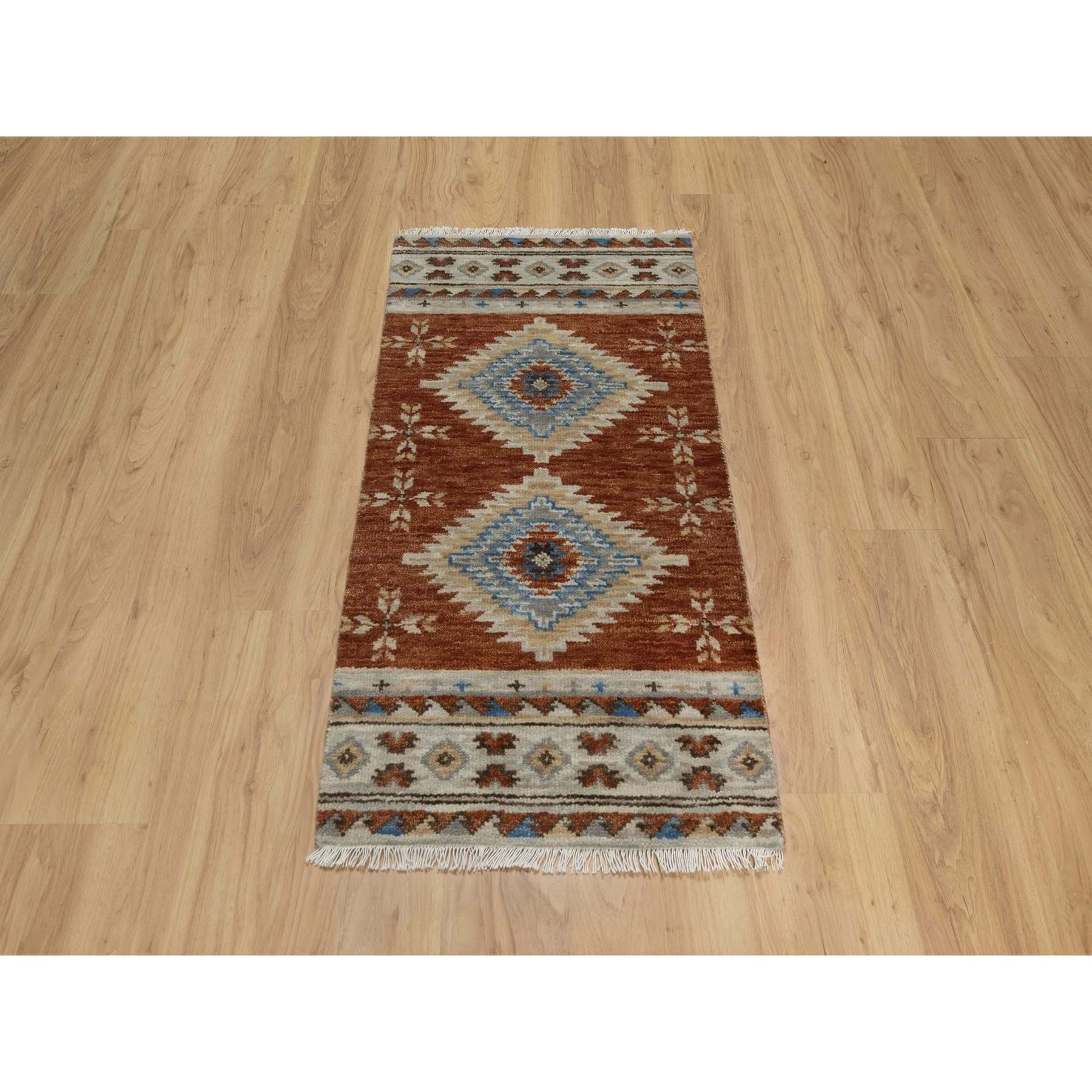 2'x4' Umber Brown, Southwestern American Indian Design with Piled Construction, Plush and Lush, Hand Knotted, Pure Wool, Mat, Sample, Oriental Rug Sh91452