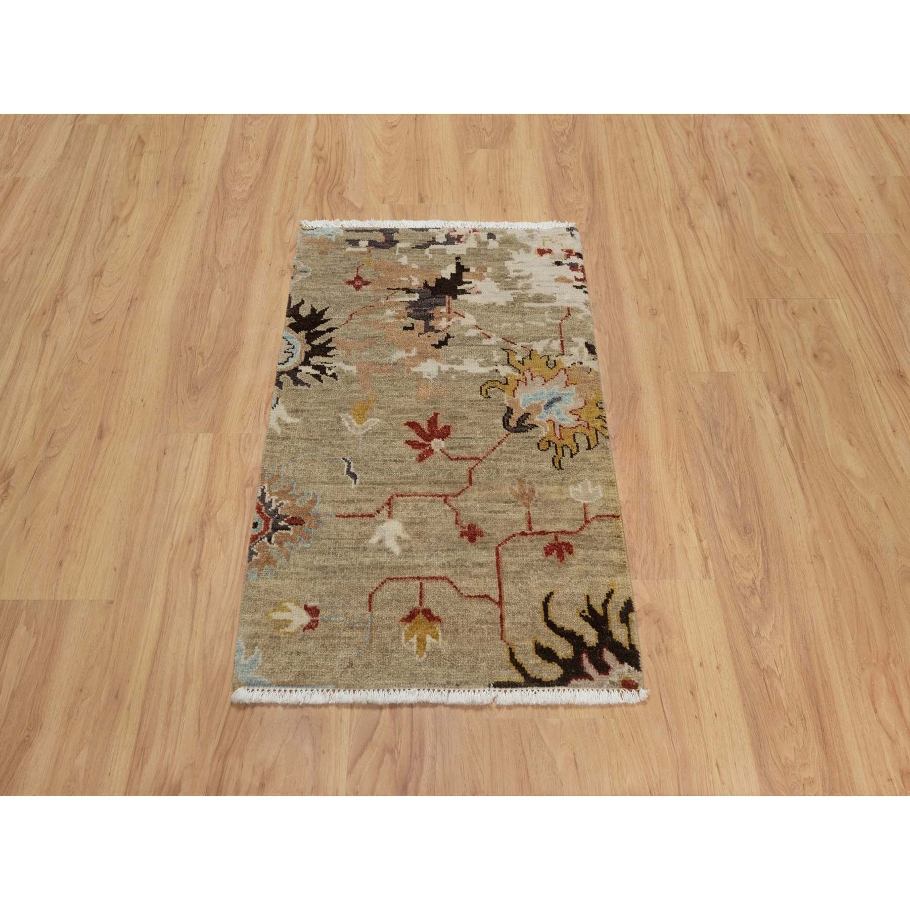 2'1"x3'2" Sand Brown, Broken Pattern with Oushak Design, Borderless, 100% Wool, Hand Knotted, Sample, Mat, Oriental Rug Sh91457