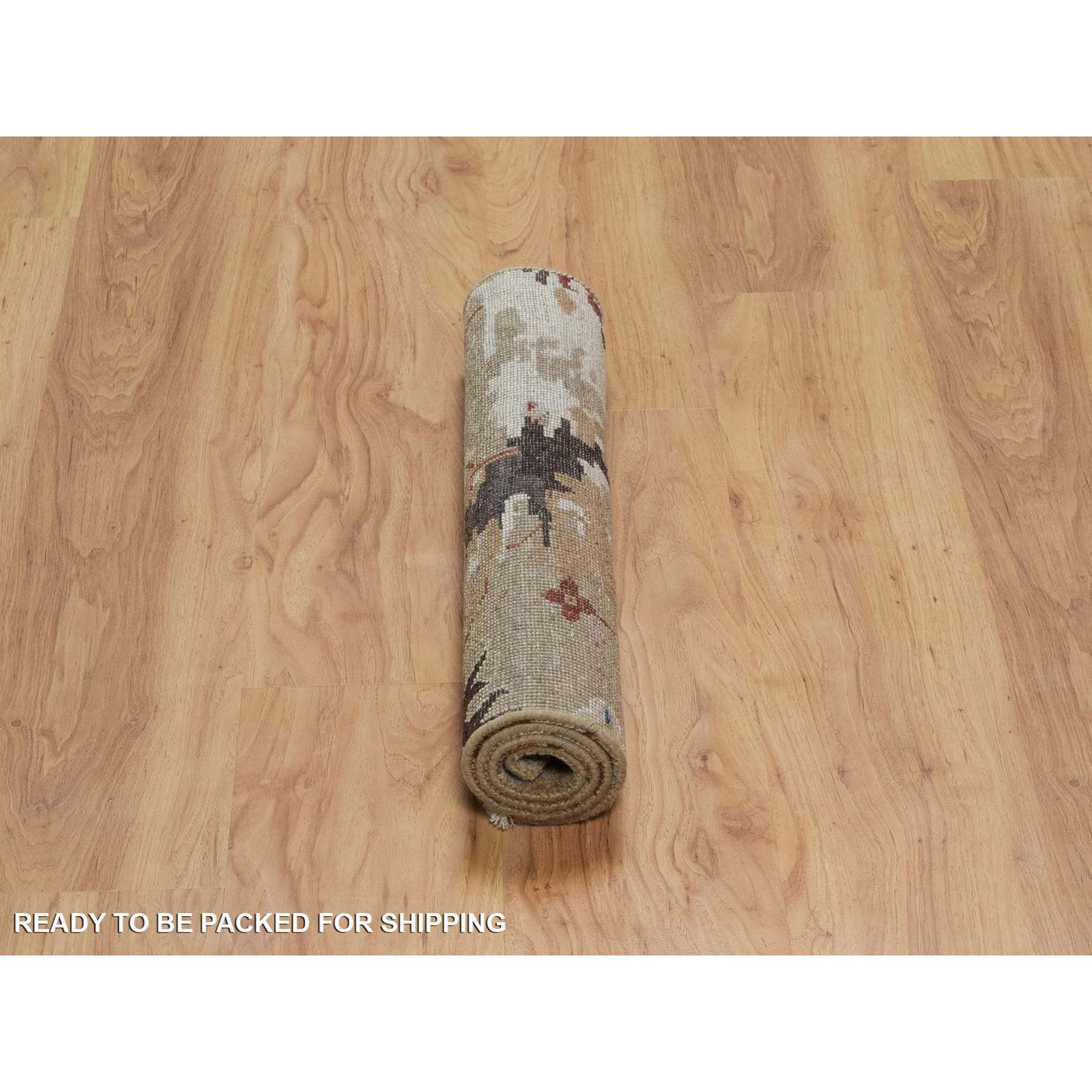 2'1"x3'2" Sand Brown, Broken Pattern with Oushak Design, Borderless, 100% Wool, Hand Knotted, Sample, Mat, Oriental Rug Sh91457