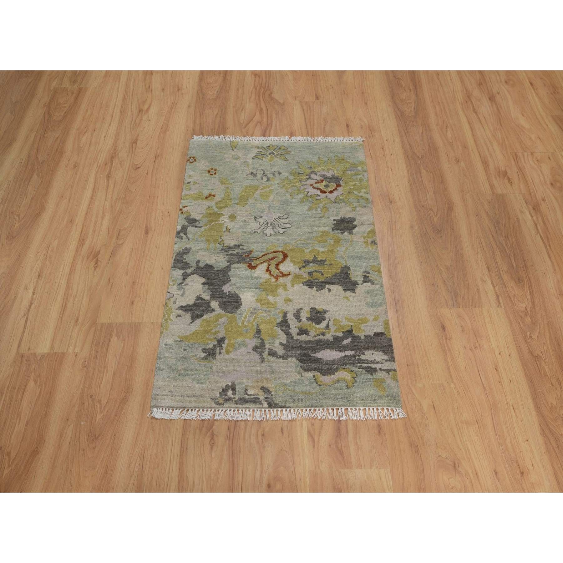 2'1"x3' Silver Green, Broken Pattern with Oushak Design, Borderless, 100% Wool, Hand Knotted, Mat, Sample, Oriental Rug Sh91458