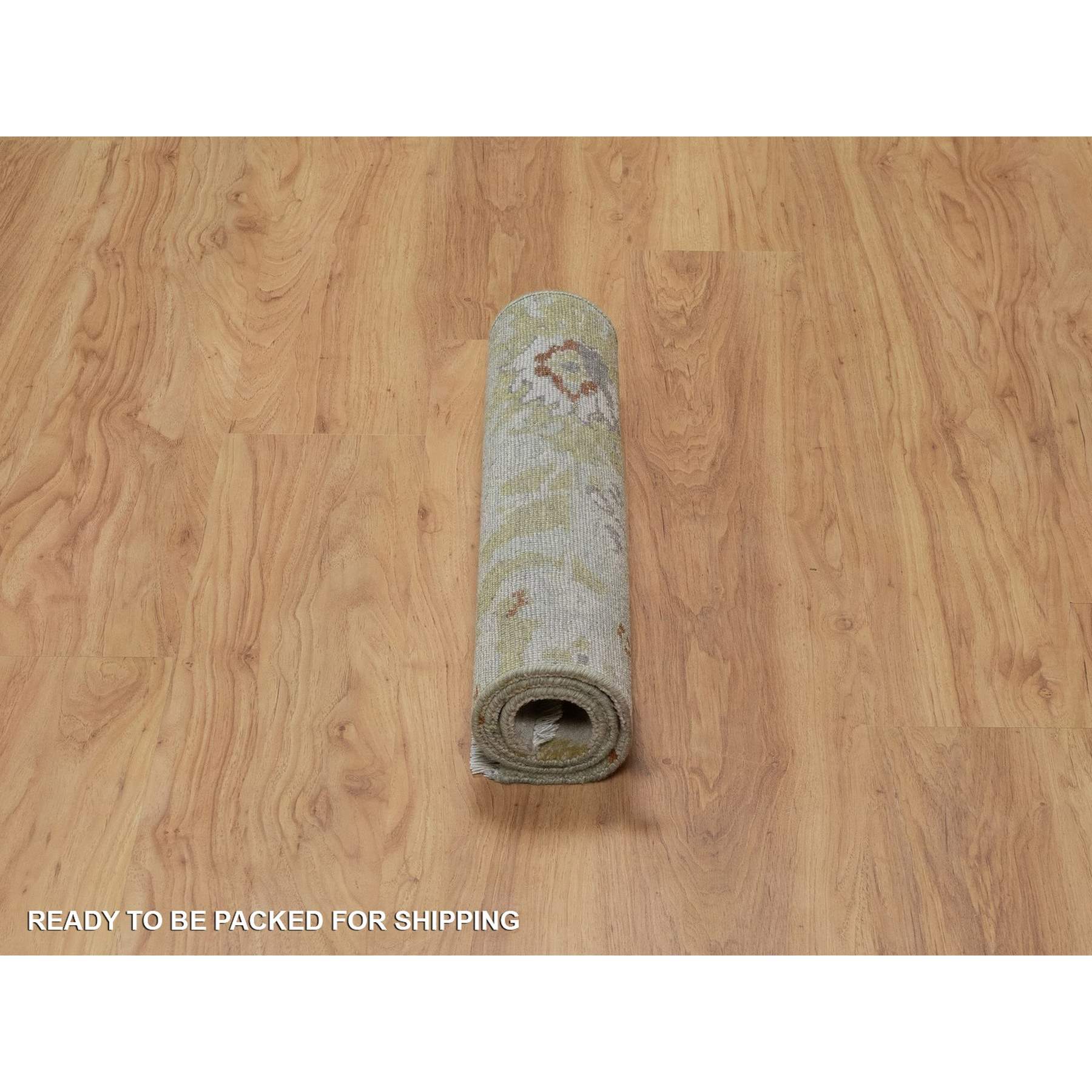 2'1"x3' Silver Green, Broken Pattern with Oushak Design, Borderless, 100% Wool, Hand Knotted, Mat, Sample, Oriental Rug Sh91458