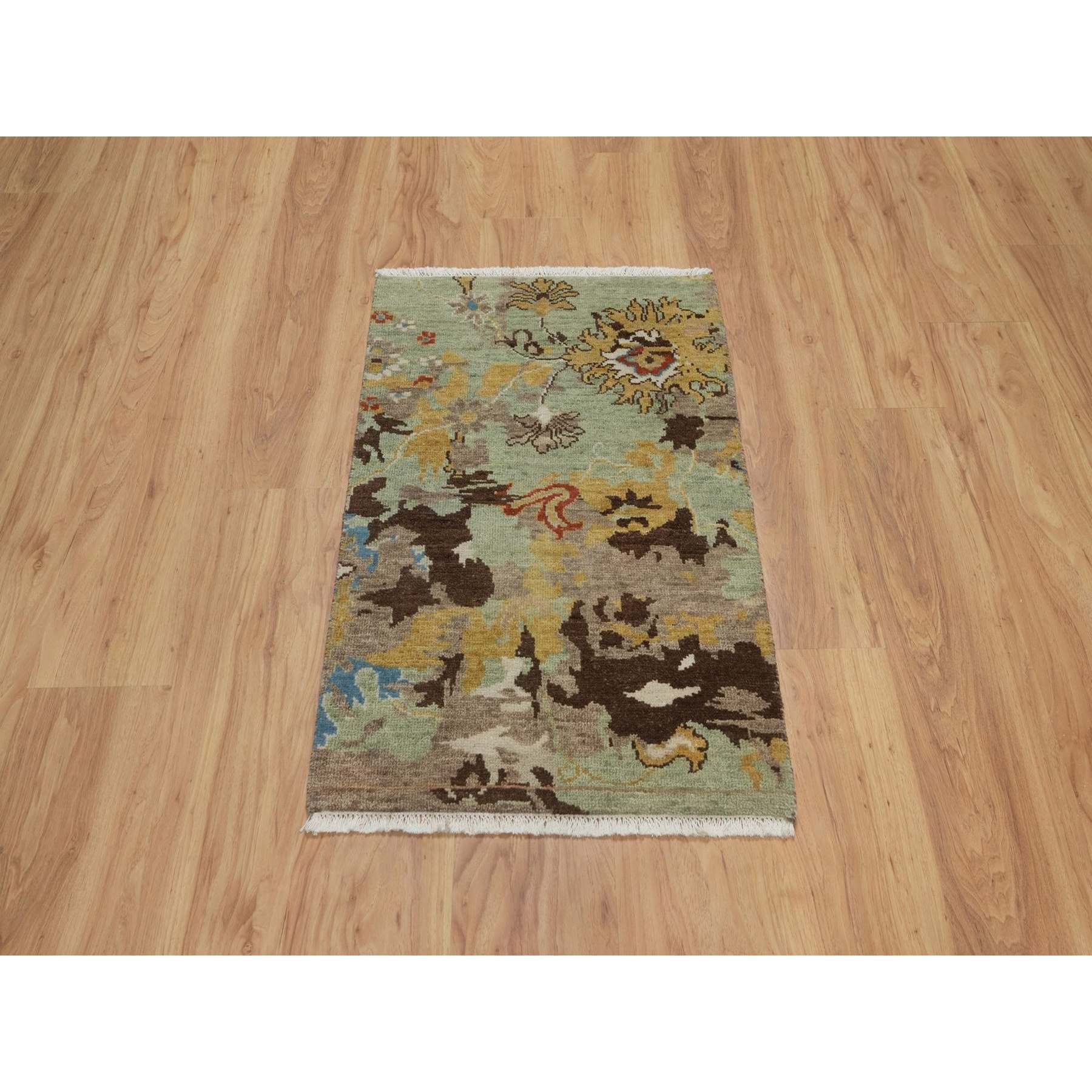 2'x3' Olive Green, Broken Pattern with Oushak Design, 100% Wool, Hand Knotted, Borderless, Mat, Sample, Oriental Rug Sh91460