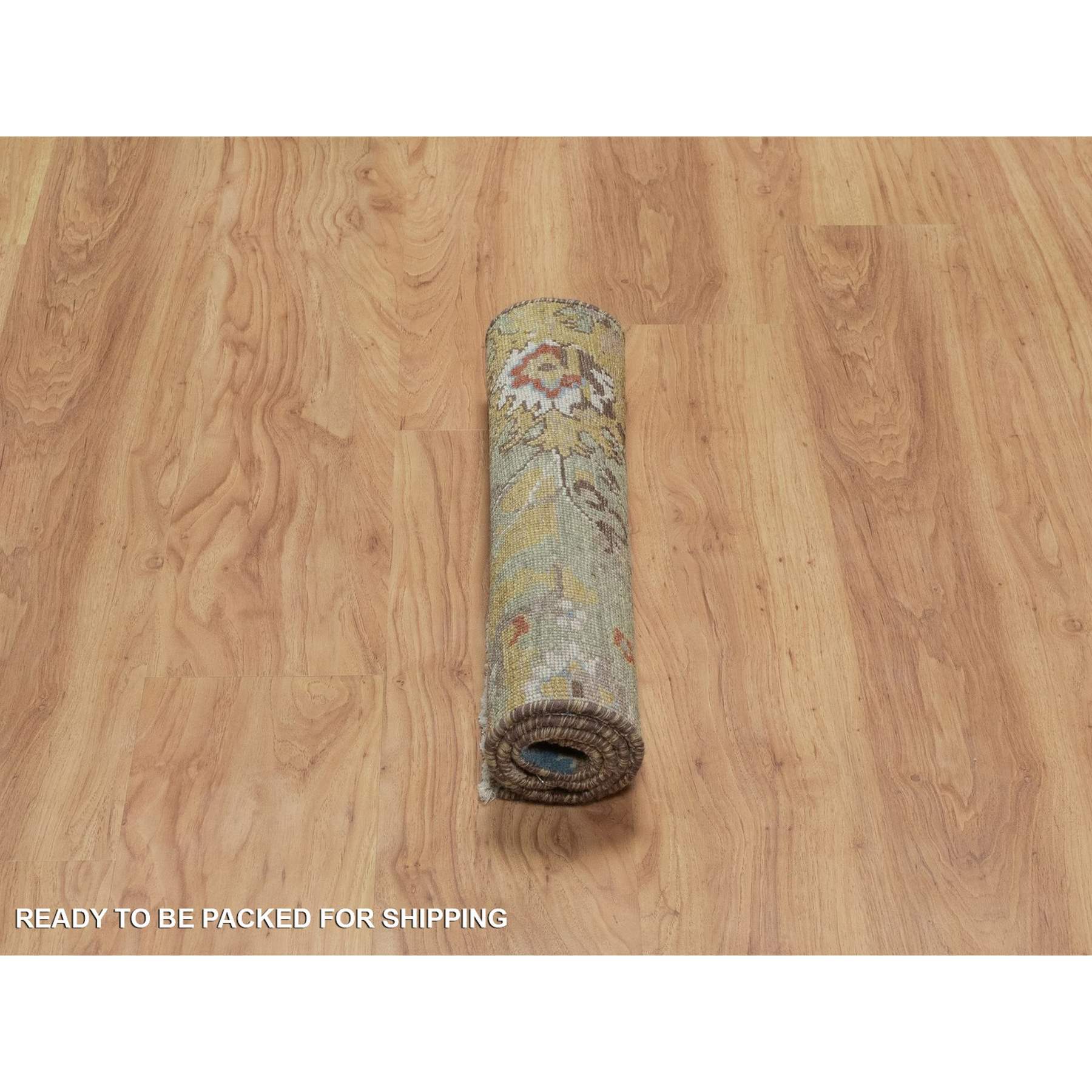 2'x3' Olive Green, Broken Pattern with Oushak Design, 100% Wool, Hand Knotted, Borderless, Mat, Sample, Oriental Rug Sh91460