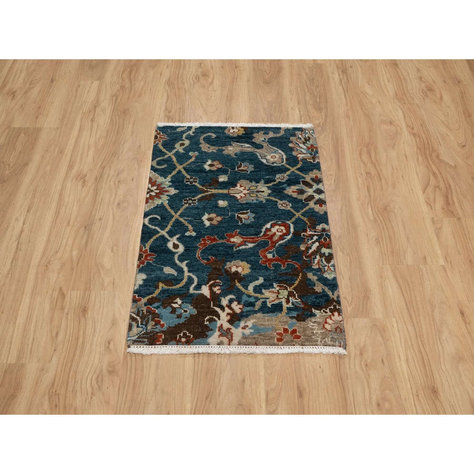 2'1"x3' Yale Blue, Broken Pattern with Oushak Design, 100% Wool, Hand Knotted, Mat, Sample, Oriental Rug Sh91461