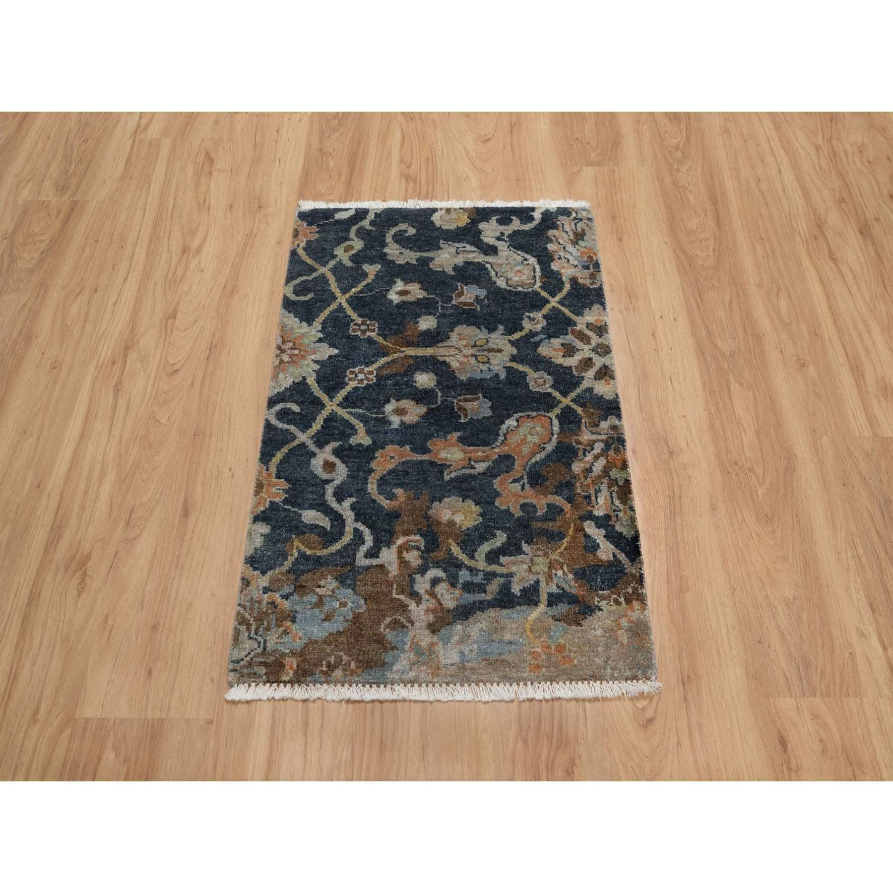 2'x3' Midnight Blue, Broken Pattern with Oushak Design, Borderless, 100% Wool, Hand Knotted, Mat, Sample, Oriental Rug Sh91468