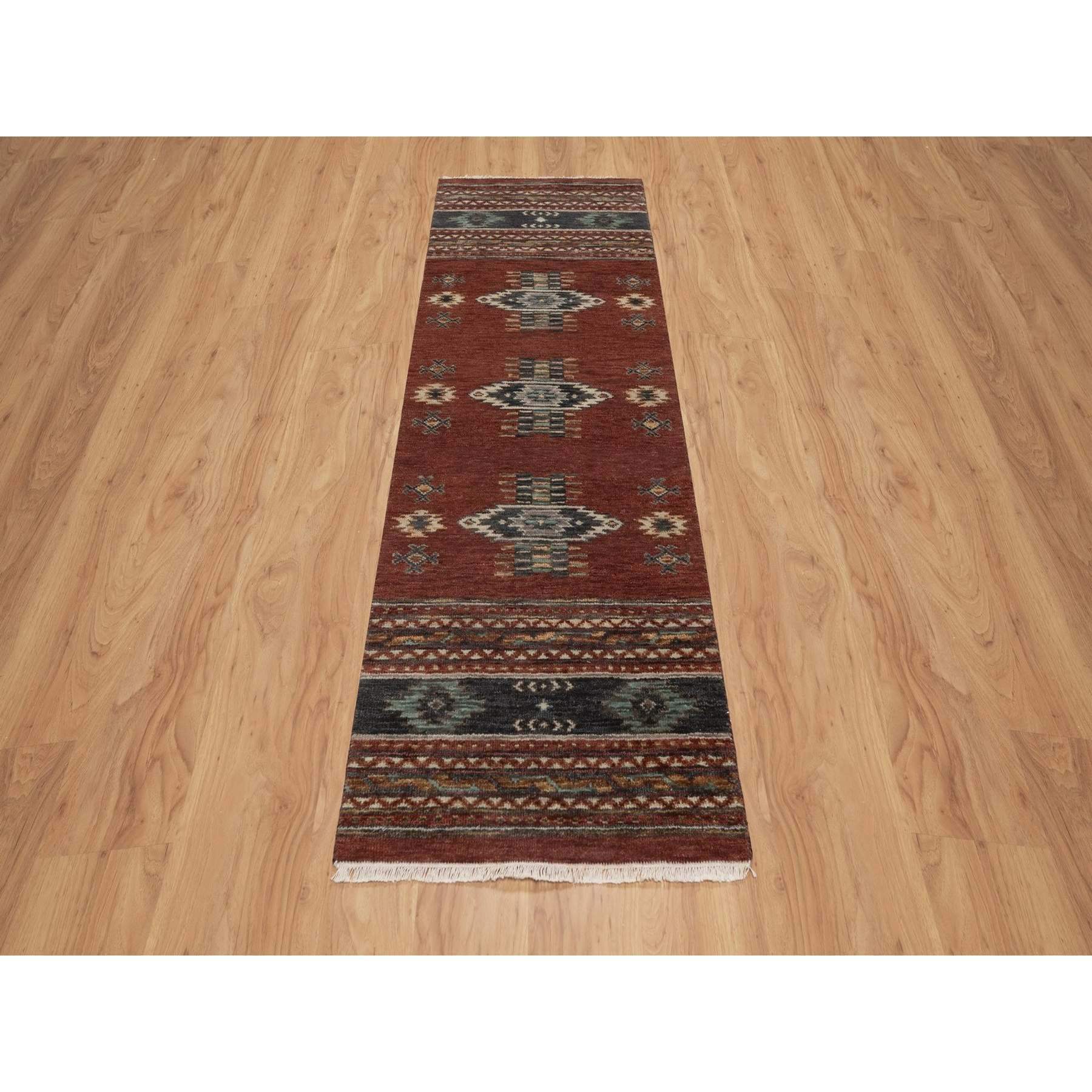 2'7"x7'10" Garnet Red, Southwest American Indian Design with Piled Construction, 100% Wool, Plush and Lush, Hand Knotted, Runner, Oriental Rug Sh91470