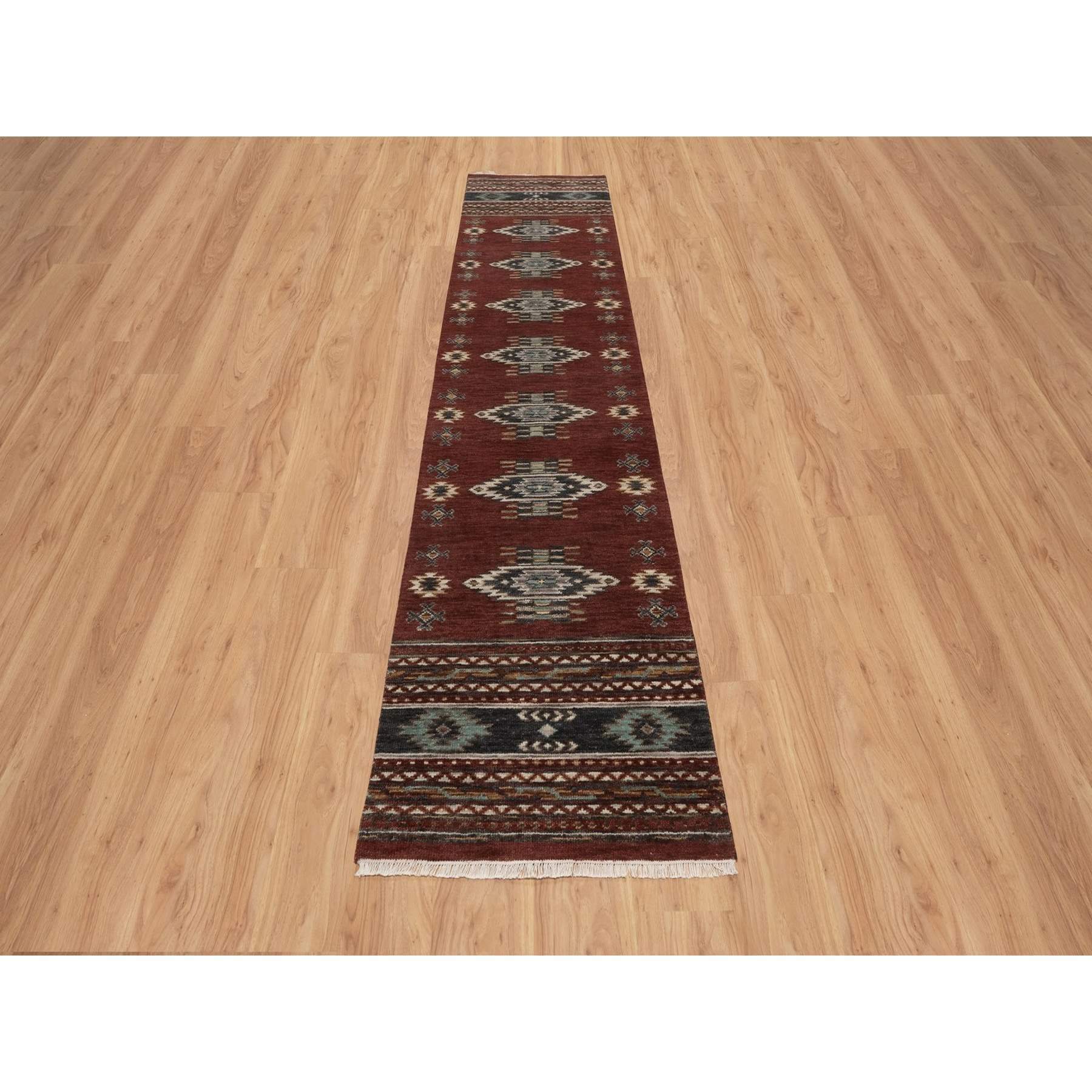 2'7"x12' Brick Red, Southwest American Indian Design with Piled Construction, 100% Wool, Plush and Lush, Hand Knotted, Runner, Oriental Rug Sh91471