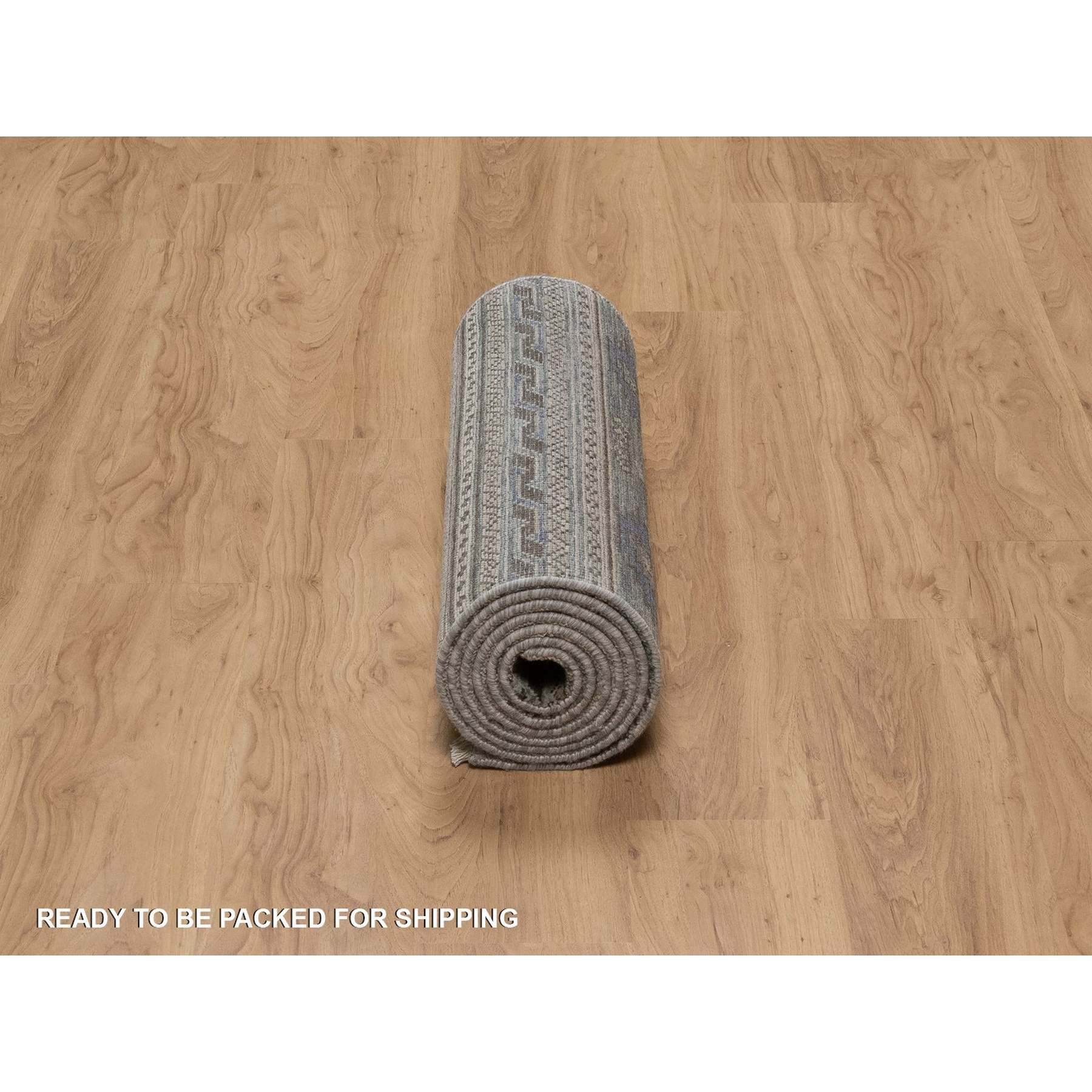 2'7"x9'10" Light Gray, Southwest American Indian Design with Piled Construction, Plush and Lush, Hand Knotted, Pure Wool, Runner, Oriental Rug Sh91472