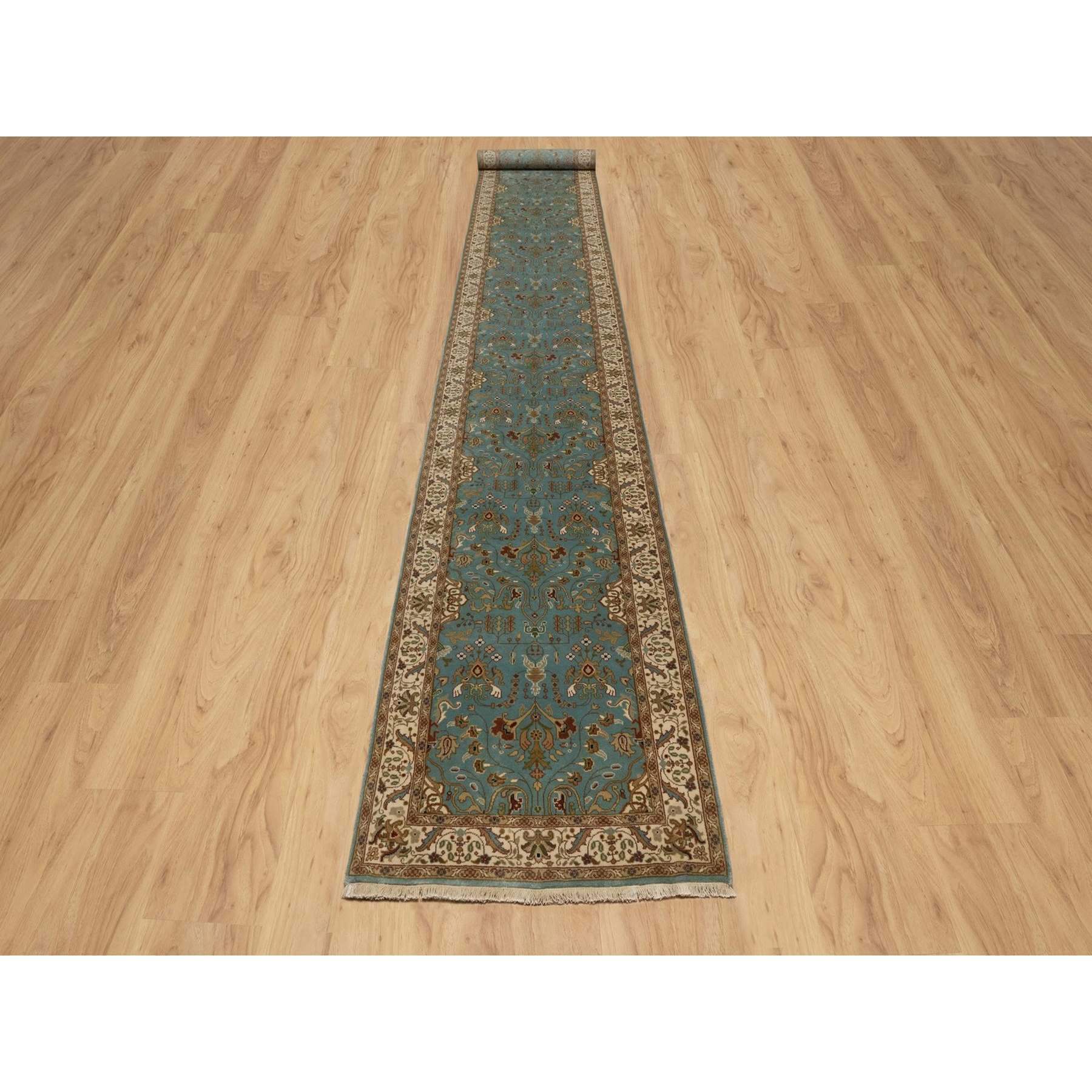 2'9"x19'8" Cerulean Blue, Tabriz Revival, Hand Knotted, Hand Spun New Zealand Wool, 300 KPSI, XL Runner, Oriental Rug Sh91477